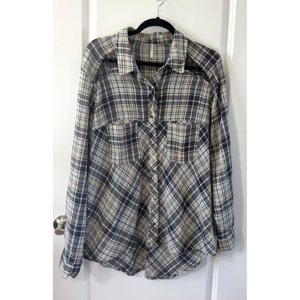 Free People Shirt Womens L Gray White Tan Plaid Open Shoulder detail Snap Button